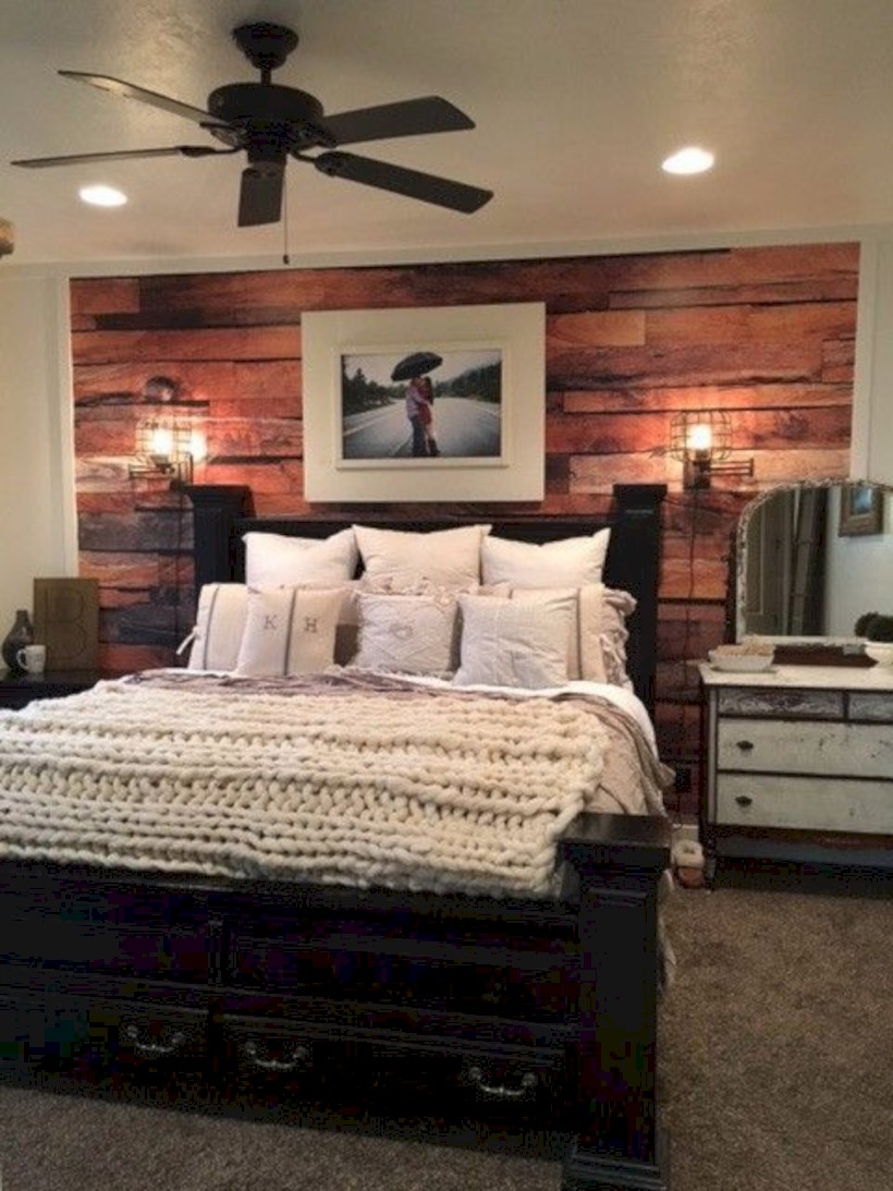 Bedroom with reclaimed rustic wood wall mural wallpaper
