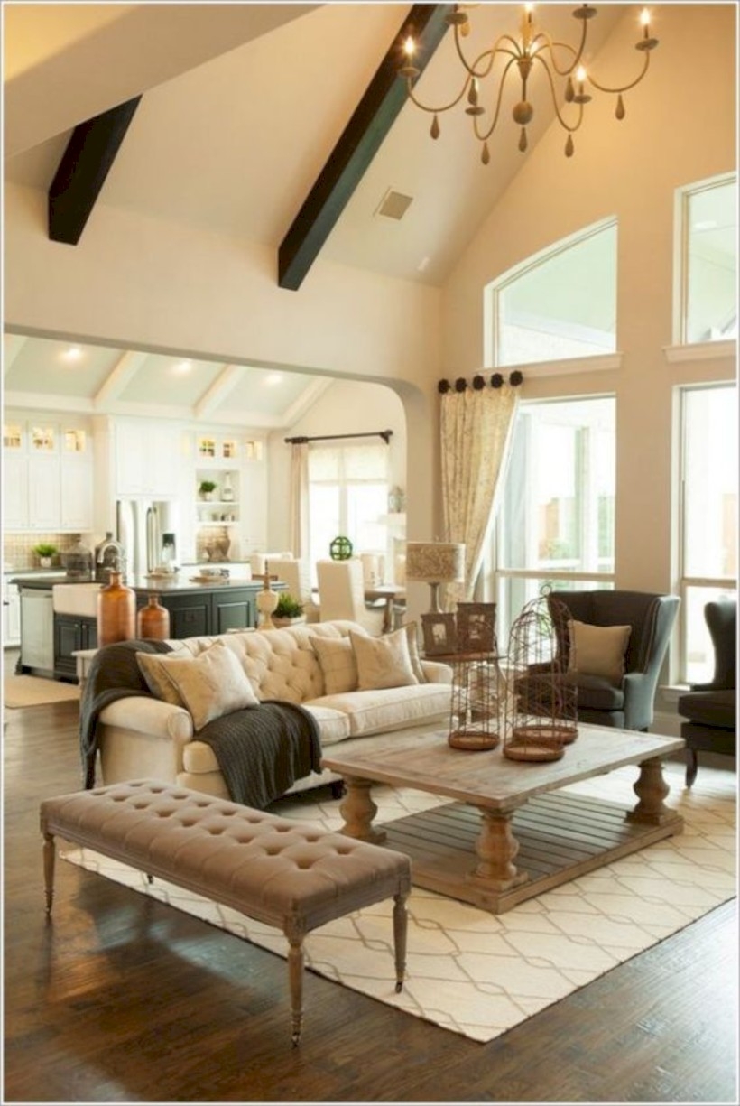 Cathedral ceiling living room with chandelier