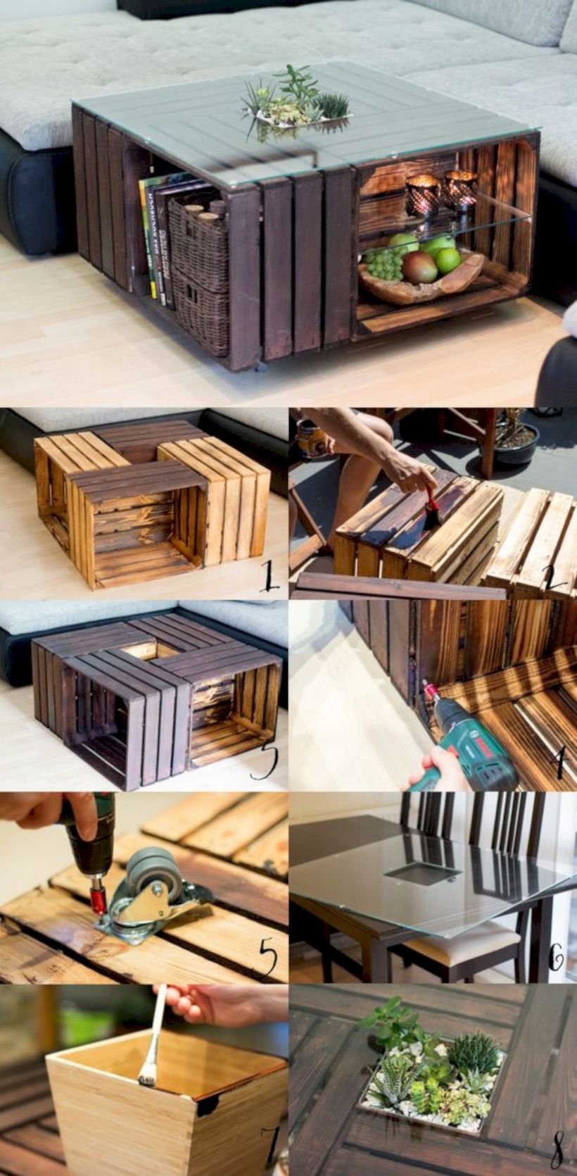 Coffee table made of fruit boxes with glass top