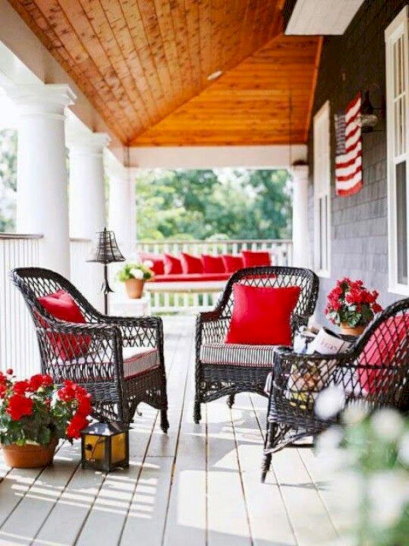 Dark brown wicker on porch with patriotic decor