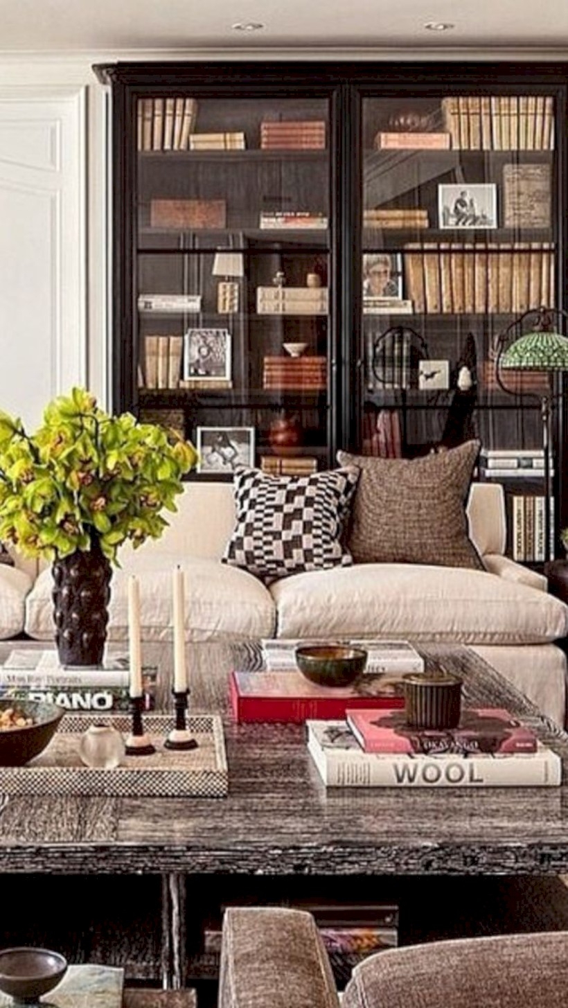 Glass front bookcase in the living room