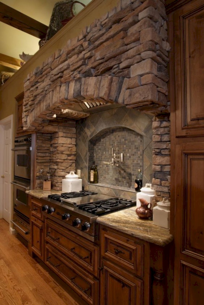 Great decorative stone range hoods design with wooden cabinet