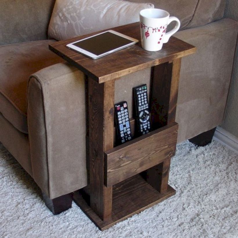 Handcrafted tray table stand with storage pocket