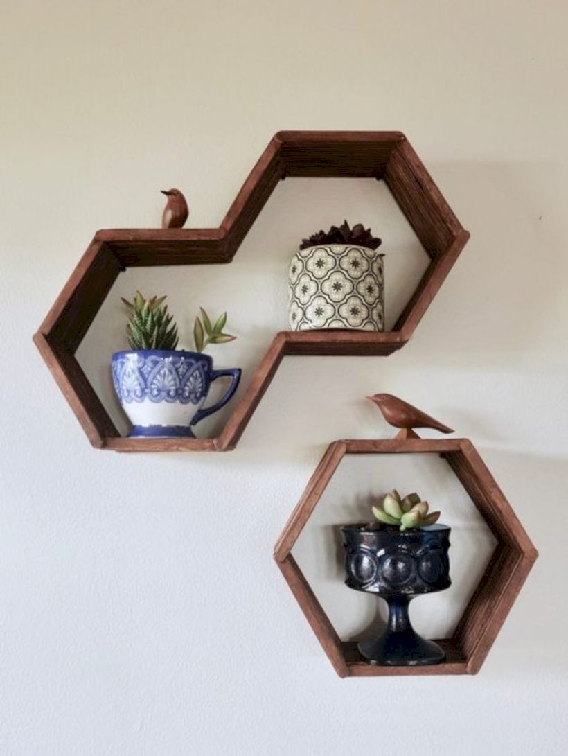Hexagon honeycomb shelves made with popsicle sticks tutorial