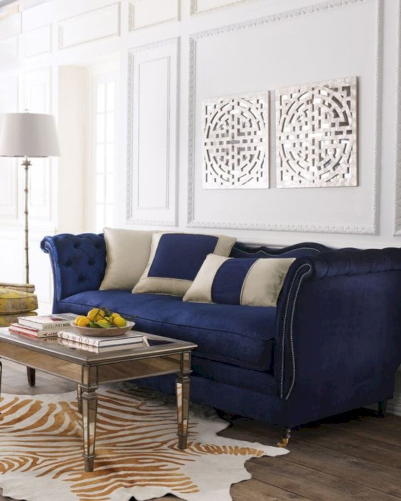Living room with haute house horton navy velvet sofa