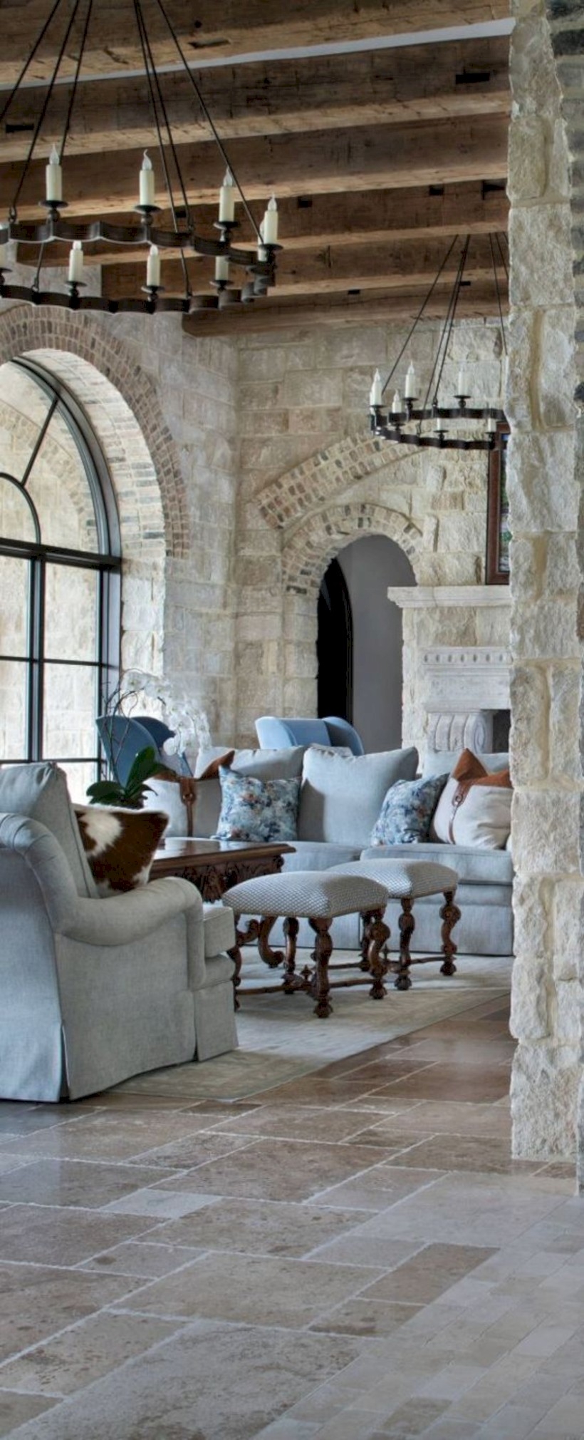 Living room with stone walls