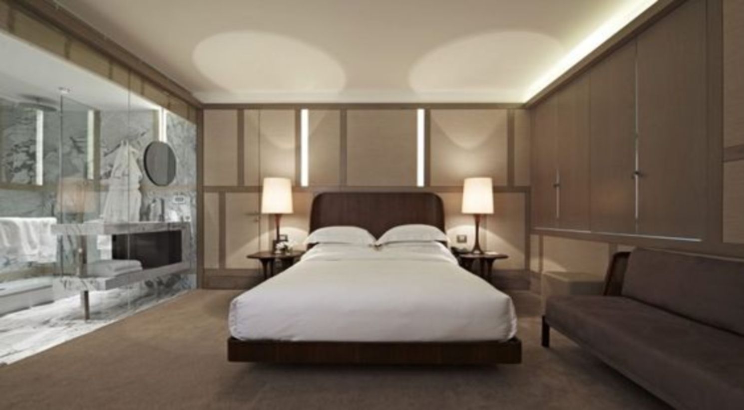 Master bedroom with luxury design has king size bed with floating wooden bed frame