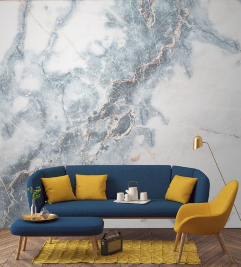 Our deep blue clouded marble wall mural in the living room