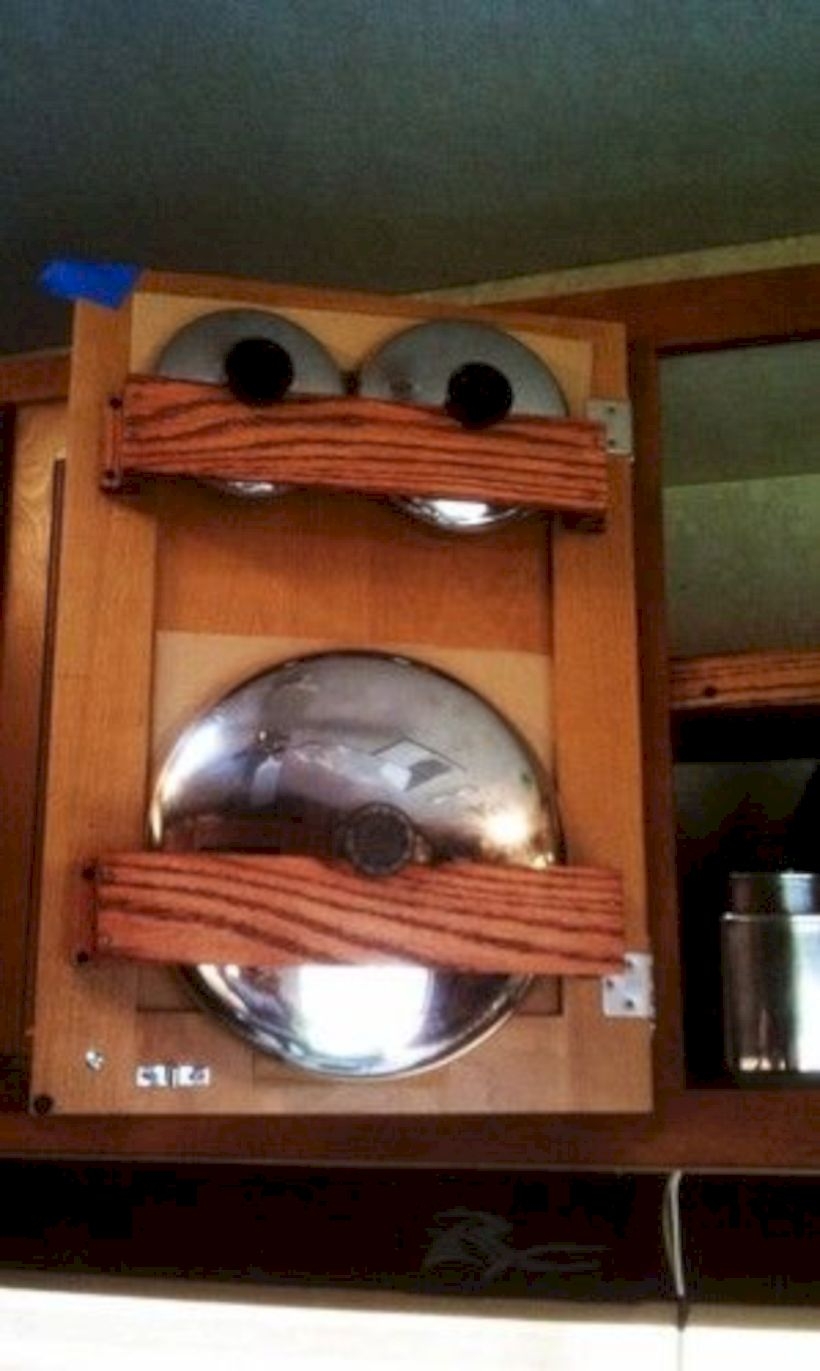 Smart rv cookware storage idea for behind cabinet doors