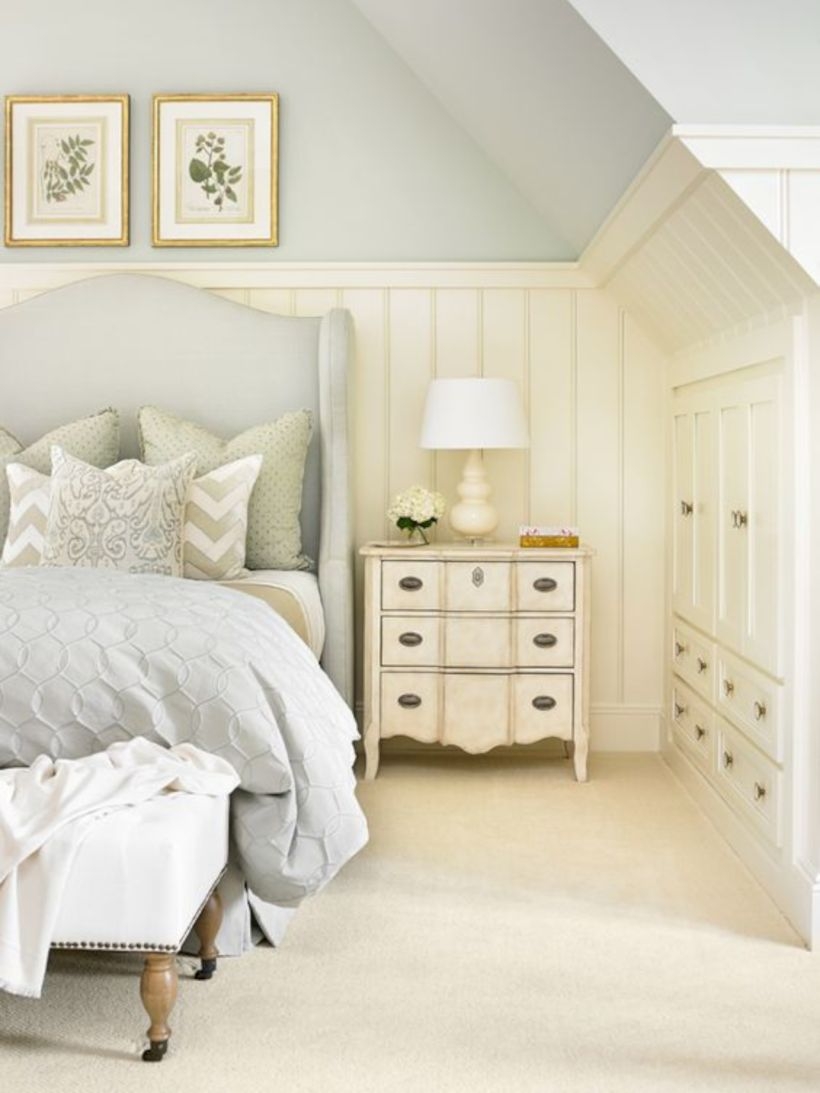 Antique blue, sand, and creamy white classic bedroom