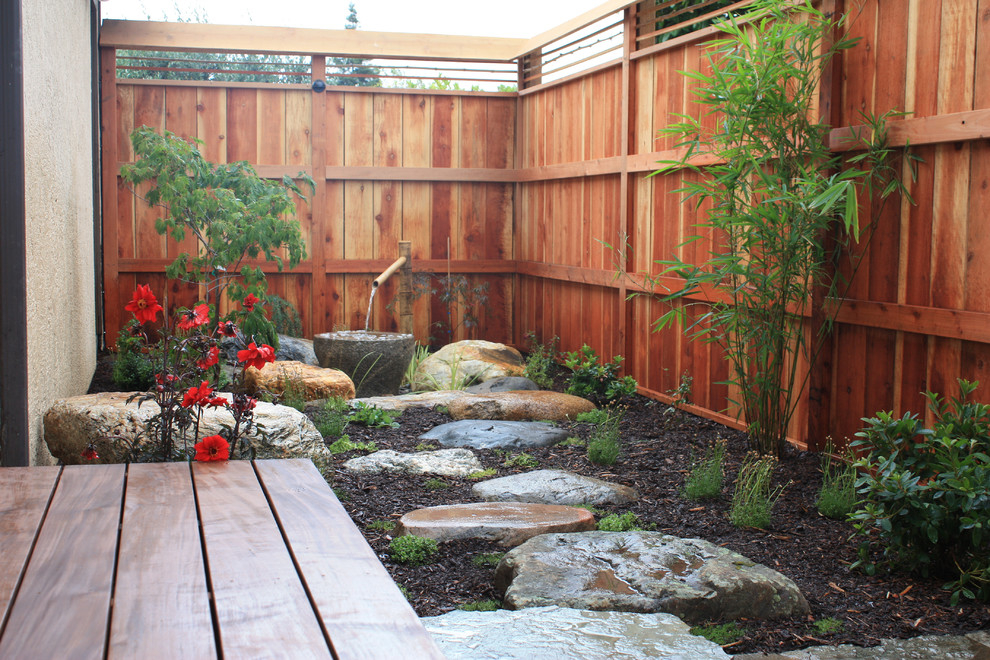 Japanese garden design with bamboo water feature