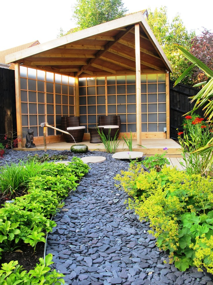 Japanese garden with minimalist pavilion