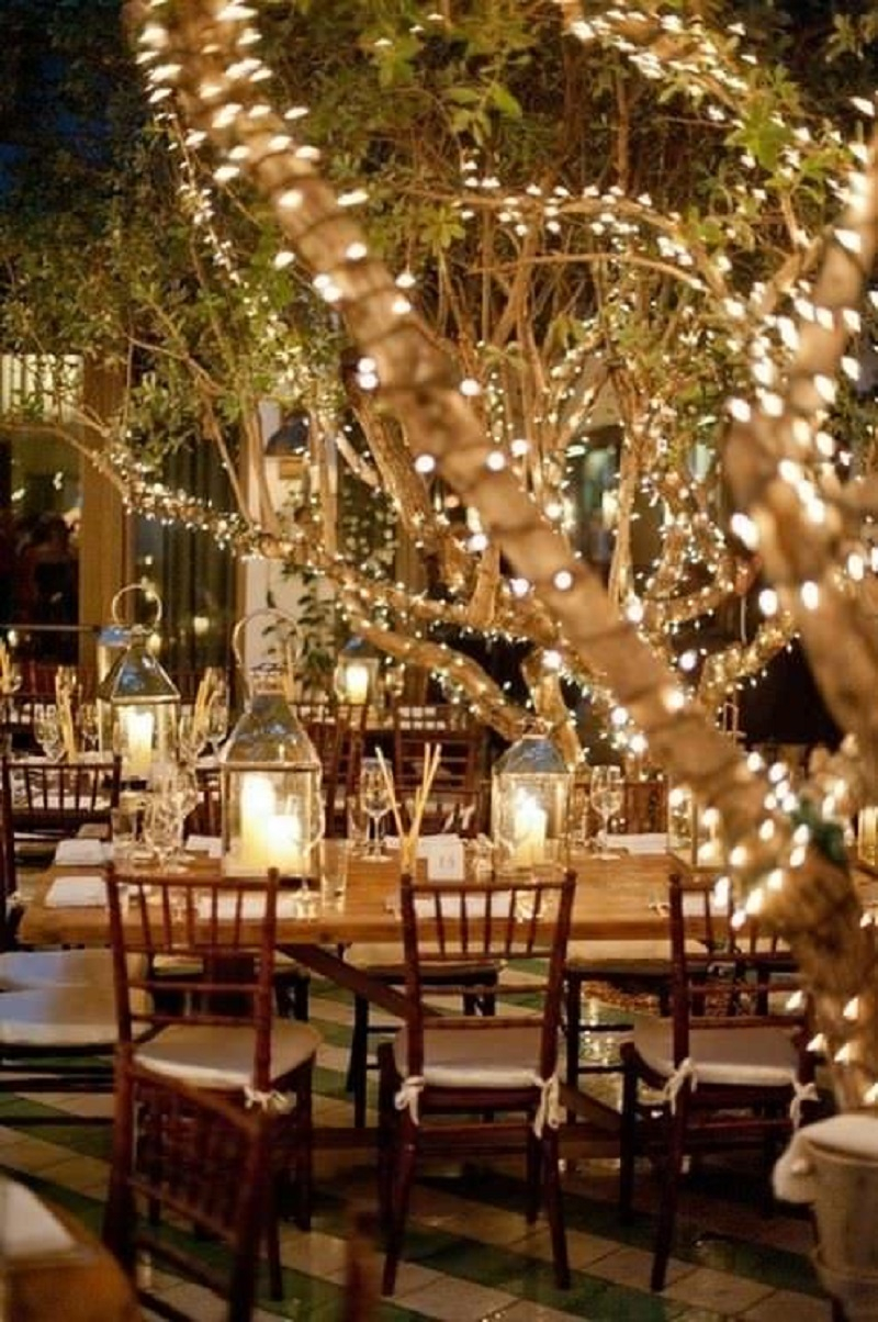 Outdoor shabby chic wedding string lights