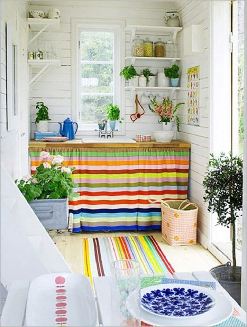 Bold and bright striped cabinet curtain