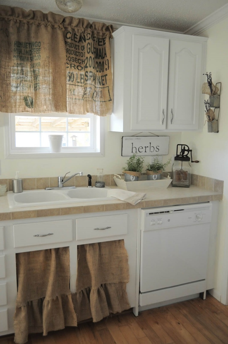 Burlap cabinet curtains with ruffle accent