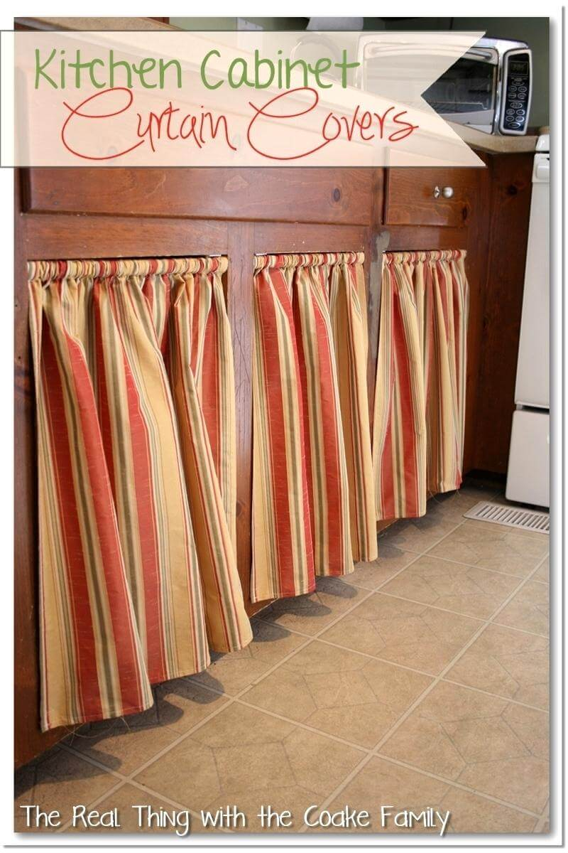 Recessed cabinet curtains in warm neutral stripes