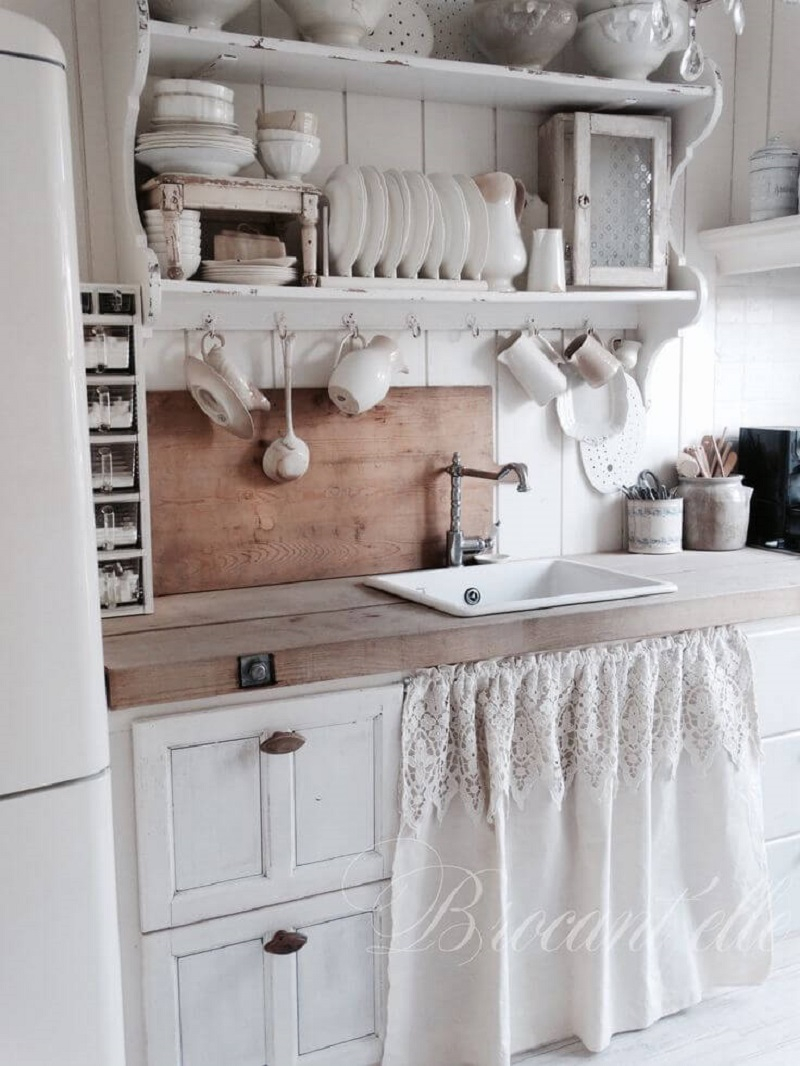 Shabby chic linen and lace cabinet curtain