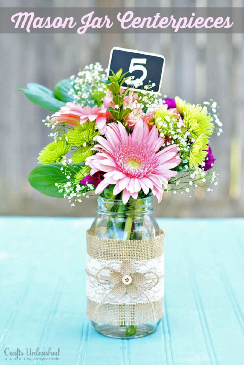 Lovely mason jars with rustic burlap accents