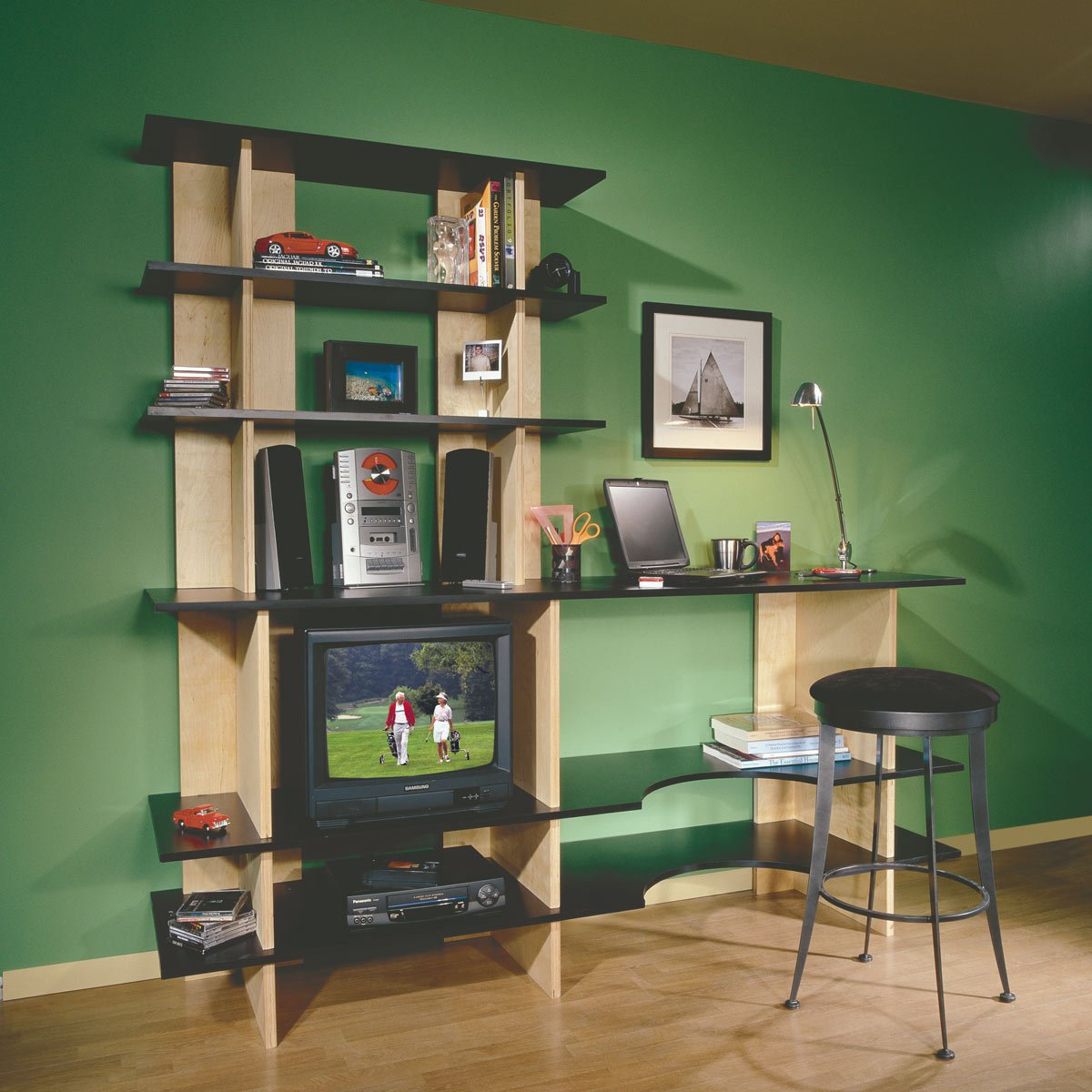 A beautiful baltic birch plywood for modular shelving, storage and desk unit
