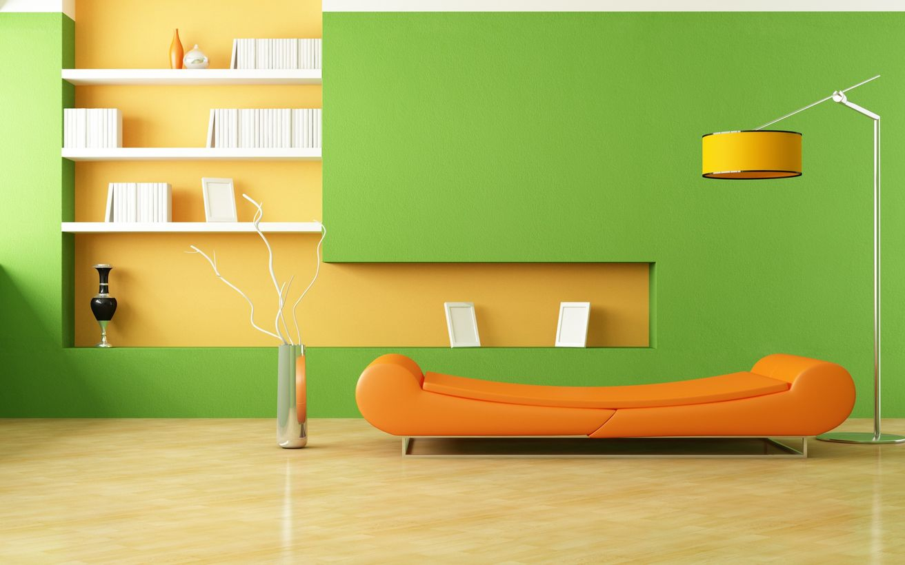 Beautiful green living room on the wall with a mixture of orange, long orange sofa, lights on the floor, tiled floors to create more beautiful