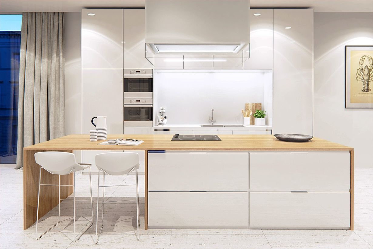 Charming white kitchen design with white chairs, white walls, white storage cabinet, wooden table to facilitate activities