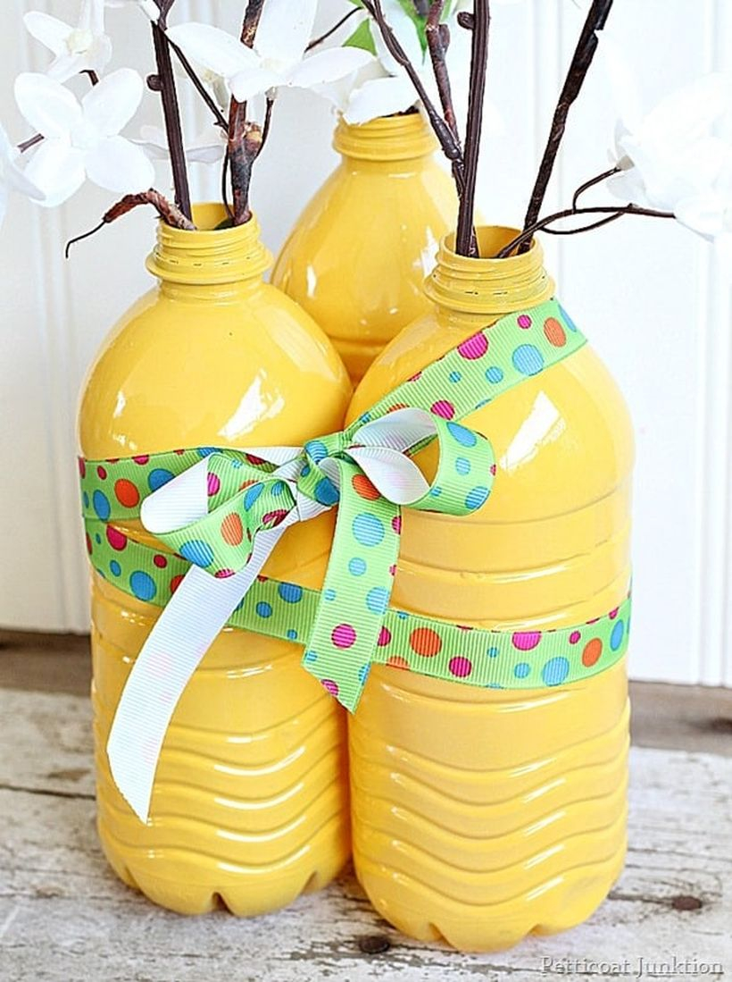 Diy plastic flower pots from bottles with yellow color, ribbon color splash