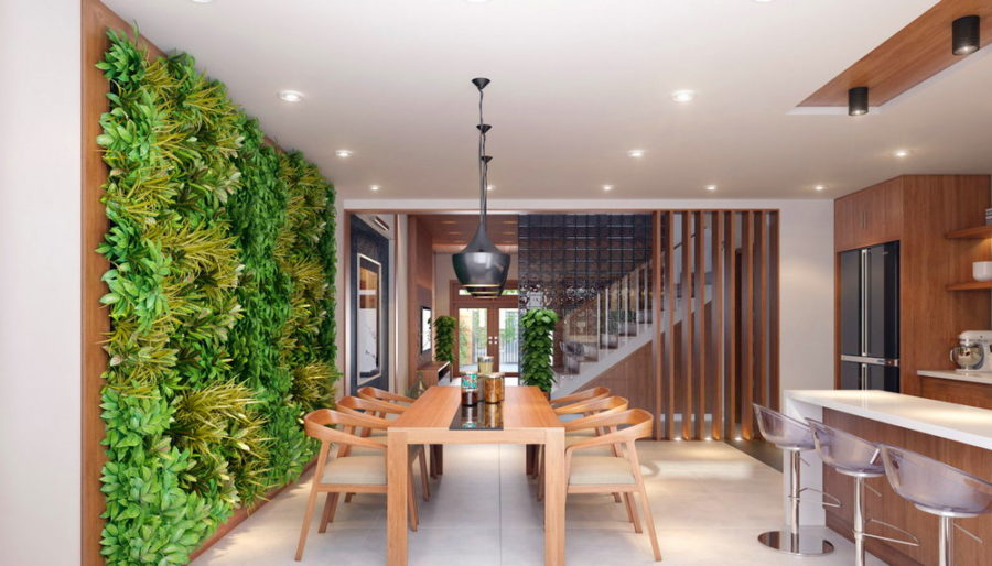 Gorgeous dining room ideas with green wall to create natural impression