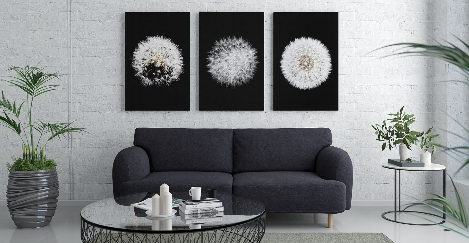 Interesting white living room ideas with white walls, white floors, black sofas, black round tables, plants in pots that make it more natural