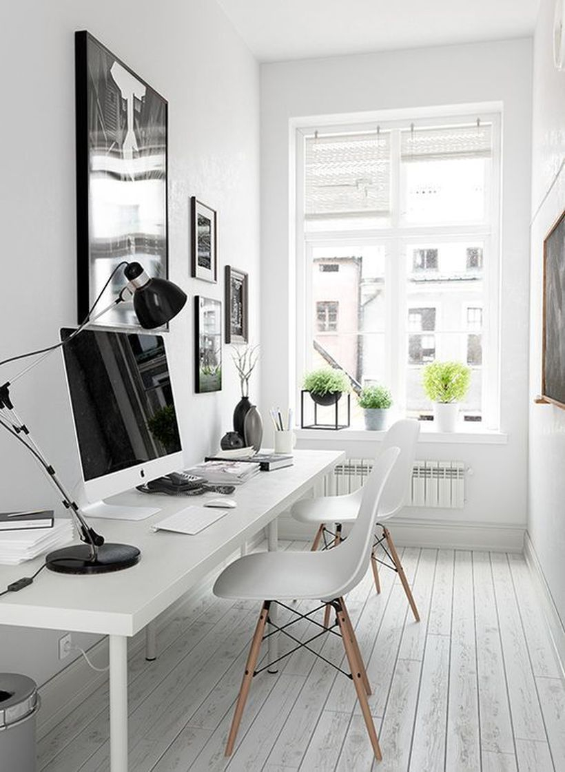 Interesting white work room with white walls, white chairs, white curtains from wood, plants and white wood floors that make you not get bored quickly