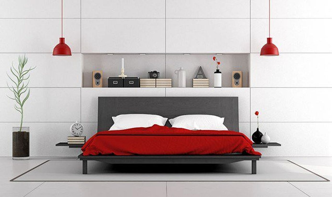 The best red bedroom design with red mattresses, red chandelier, white walls, white pillows