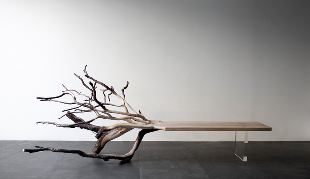 Unique natural elements furniture with with actual tree branches seemingly growing from its bench seat as though the seat where the tree’s trunk