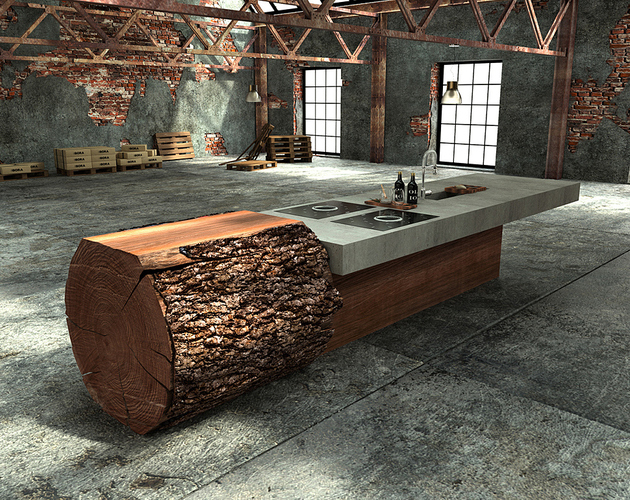 Unique nature furniture for kitchen island with one large tree trunk to beautify your kitchen
