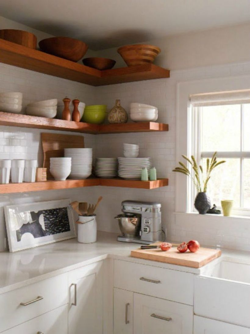 A creative long floating kitchen shelves to put some kitchen equipments