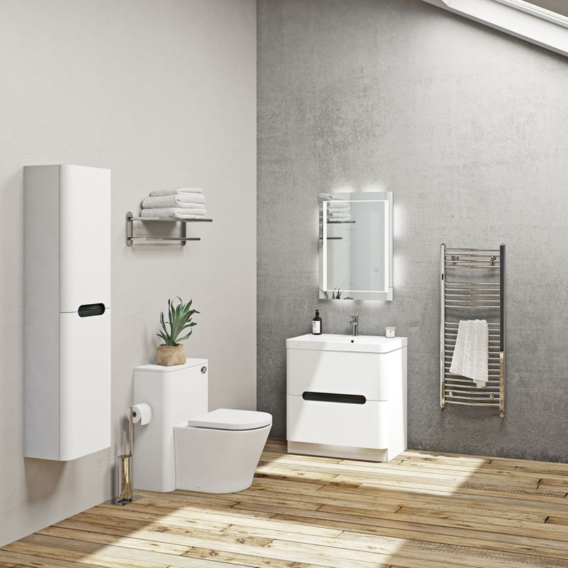 A farmhouse modern bathroom monochrome color design with grey walls, white sink, towel hooks on the walls, a square mirror, a house plant and wooden vinyl floor