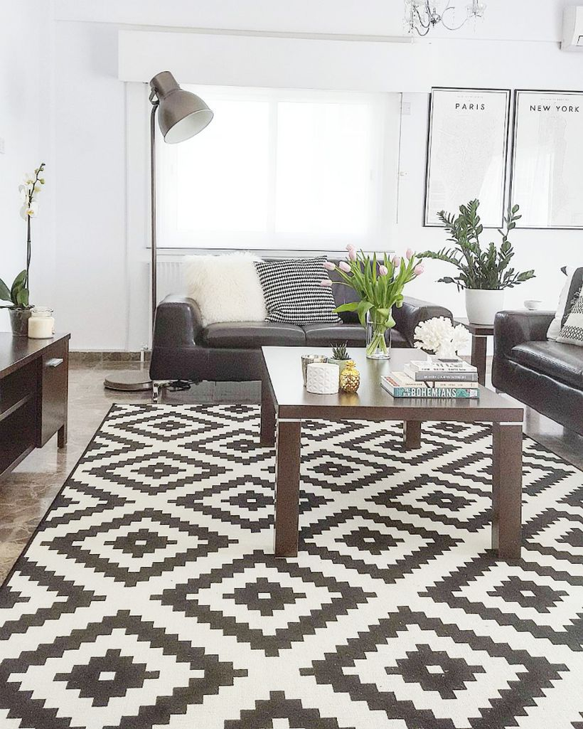 A stunning modern black and white living room with a unique black and white pattern rug, a floor lamp, black leather sofas, coffee table, and house plants to freshen up your room