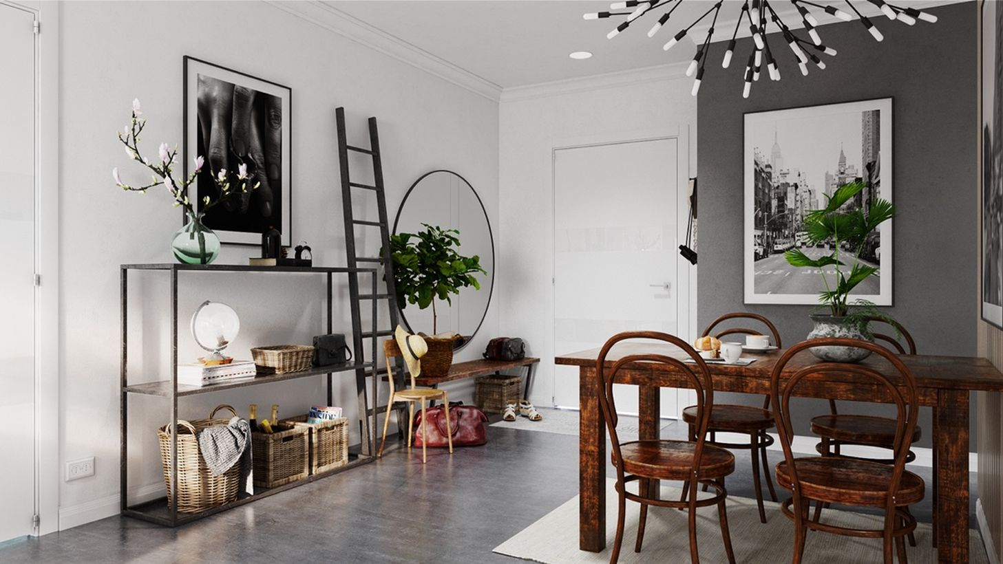 An interesting grey dining room with white and grey walls, a black and white led, and wooden furniture
