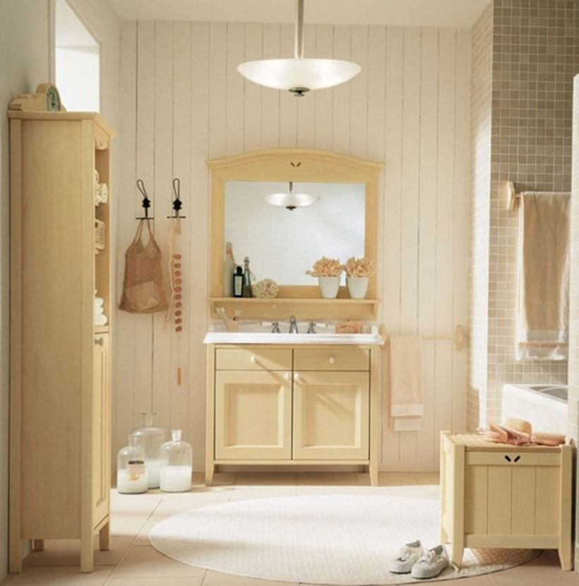A creative home paint colors with a beige bathroom, tiles, vintage rustic furniture and a window for natural light