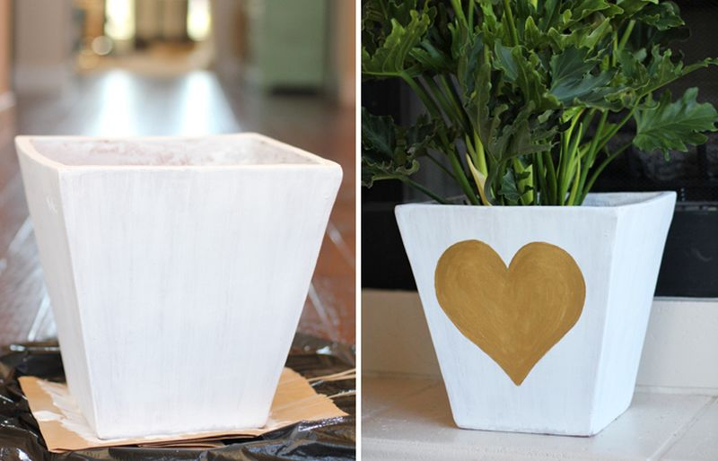 An awesome clay pot with golden painted heart planter to beautify your garden