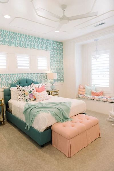 Beautiful bedroom with turquoise patterned wallpaper to give more fresh look for teenage girl's bedroom