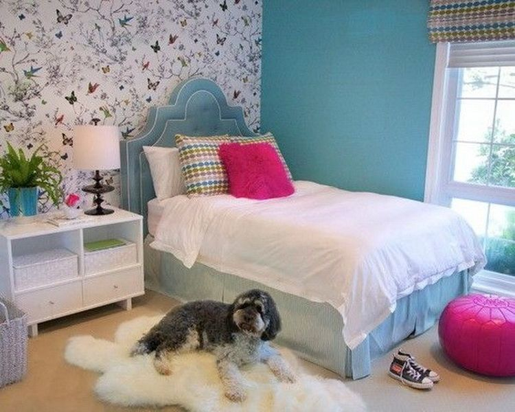 Beautiful floral wallpaper bedroom for teenage girls combined with blue painted walls and blue bed to perfect your bedroom design