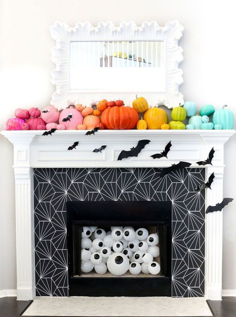 Colorful pumpkin fireplace decoration