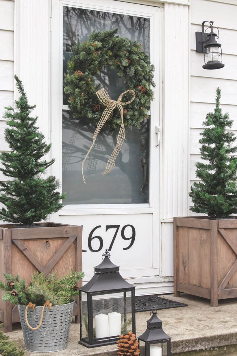 Creative plants in wooden pots, candle lights, black lights on the walls and garlands of pine plants