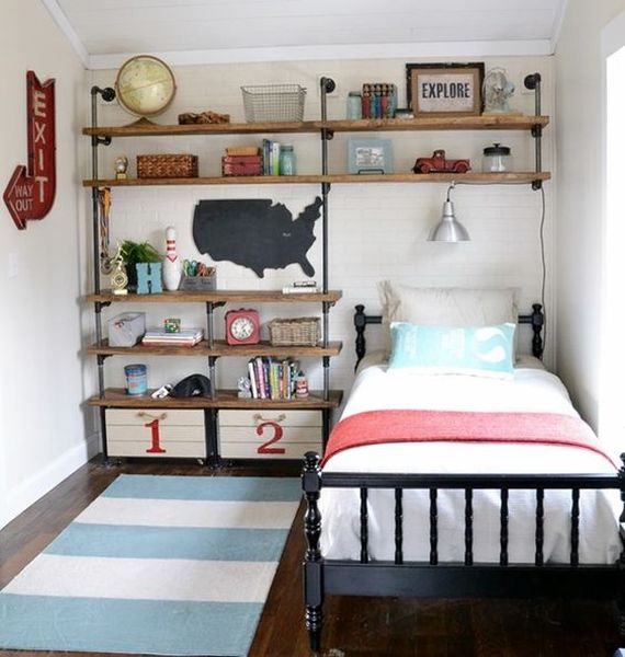Minimalist teen bedroom design with industrial pipe wooden shelves to complete your bedroom