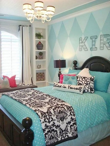 Modern bedroom for teen girl with wallpaper turquoise to beautify your bedroom design