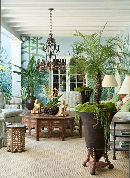 Patterned walls combined with houseplants