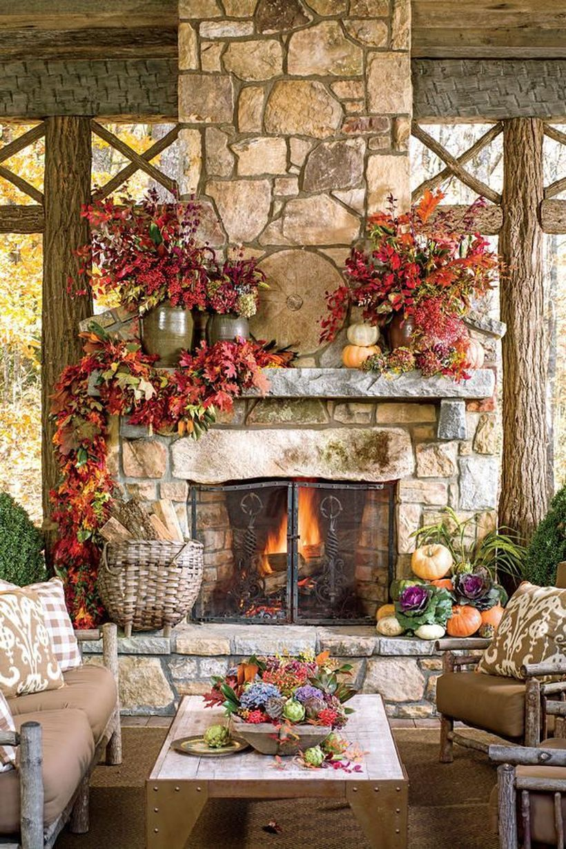 Red flowers fireplace decoration