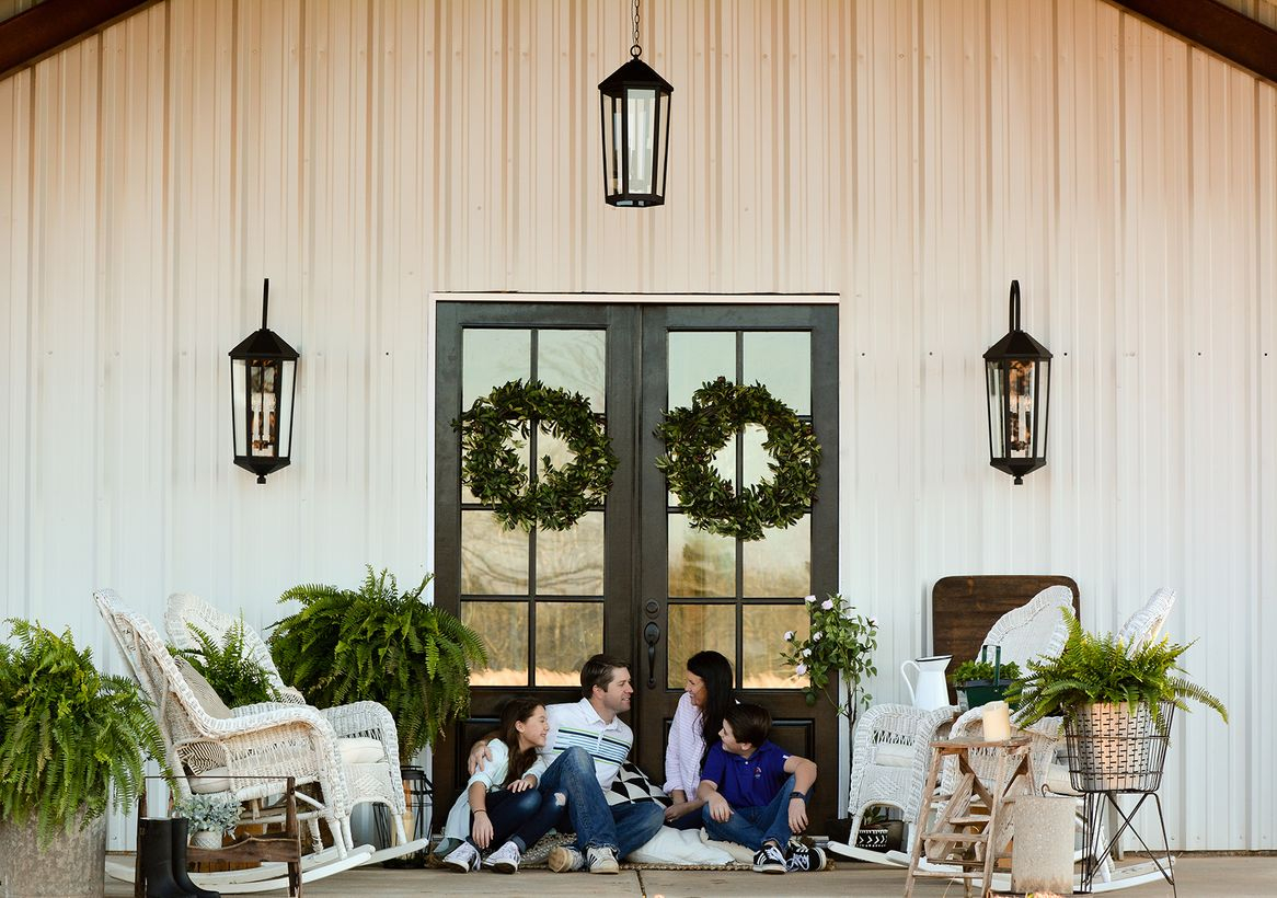 Simple farmhouse porch furniture with white rattan rocking chair to make your family more happy
