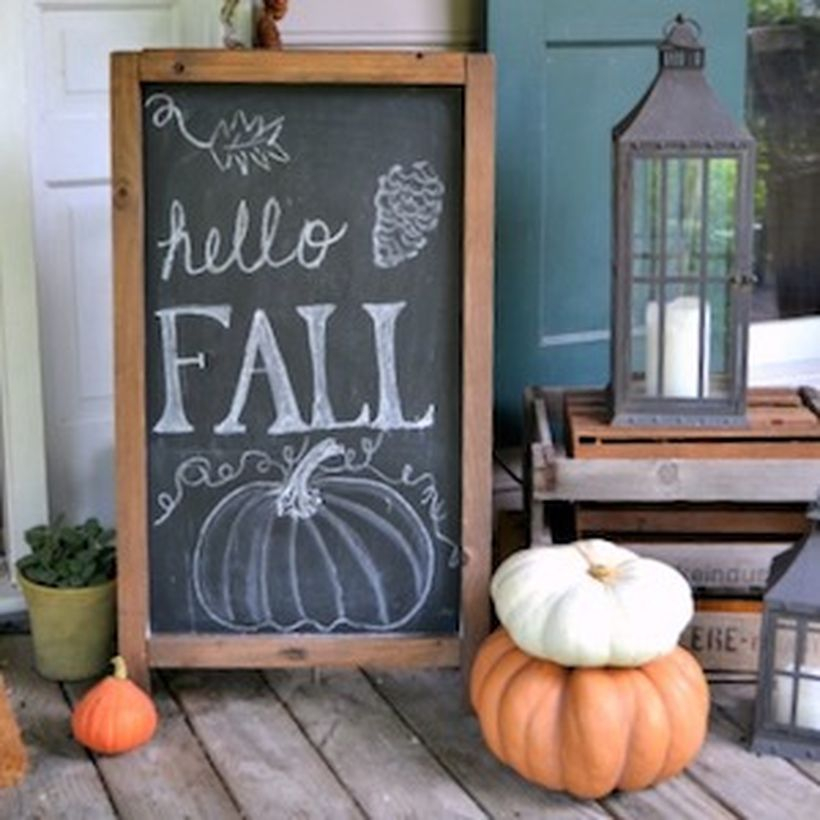 Simple porch ideas fall welcome signs with wooden whiteboard, pumpkins and candle lights