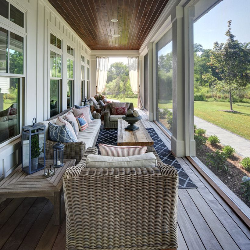 Stunning farmhouse porch furniture with rattan chairs and square wooden tables to make more your room comfortable
