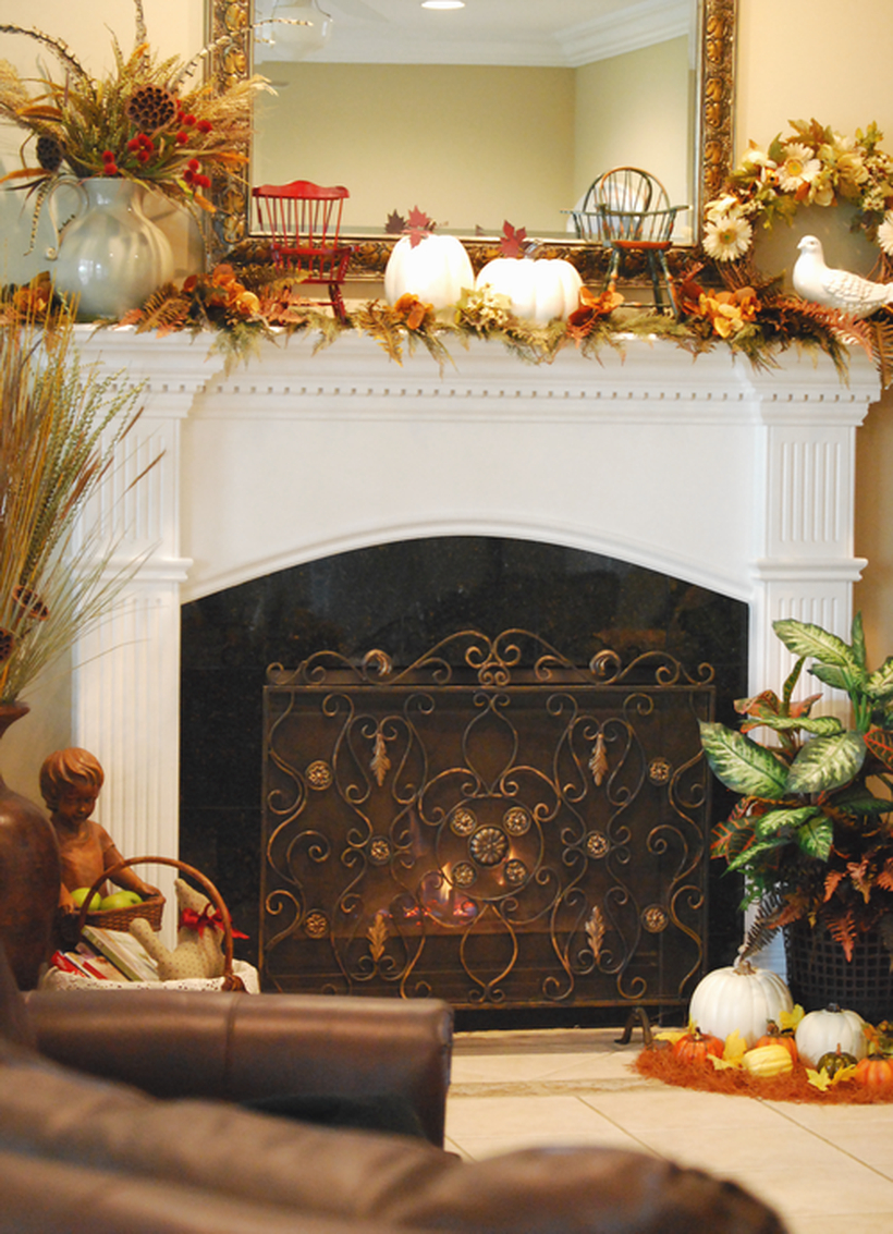 White pumpkin fireplace decoration ideas
